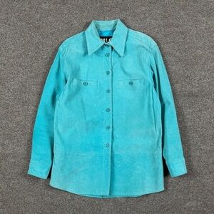 Vintage Blue Suede Genuine Leather Button Up Shirt Jacket Women‎ S Shacket Retro